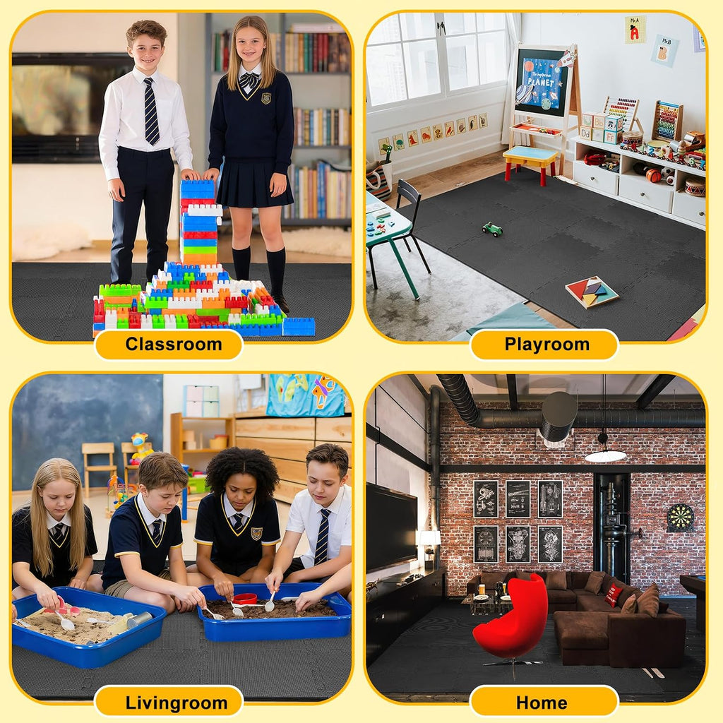 60 PCS Kids Foam Puzzle Mat,Black | 12 Inch, Solid Color Foam Play Mat Bulk, Multi-Use Floor Rug, with Borders