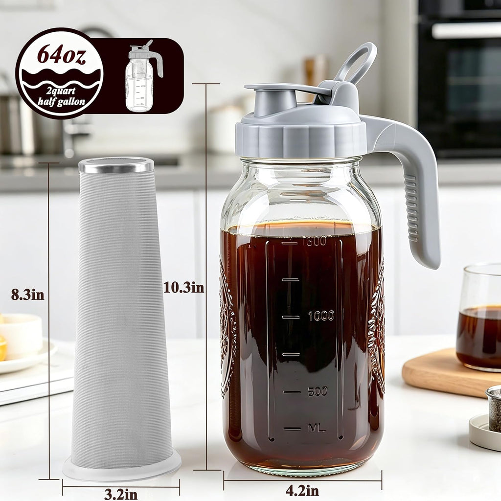 Cold Brew Coffee Maker 64oz Glass Mason Jar Pitcher with Pour Spout Lid | Airtight & Leak-Proof Glass Iced Coffee