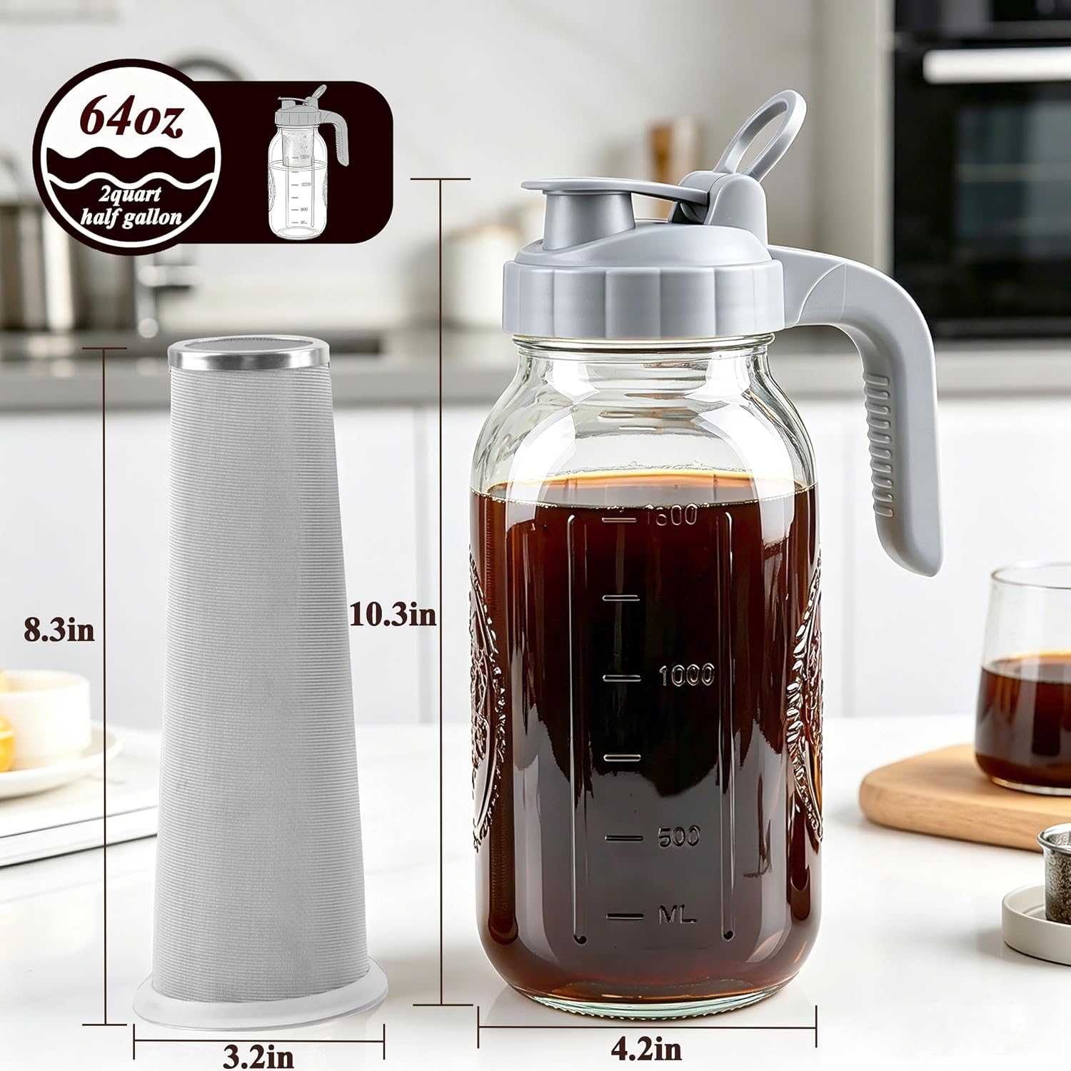 Cold Brew Coffee Maker 64oz Glass Mason Jar Pitcher with Pour Spout Lid | Airtight & Leak-Proof Glass Iced Coffee