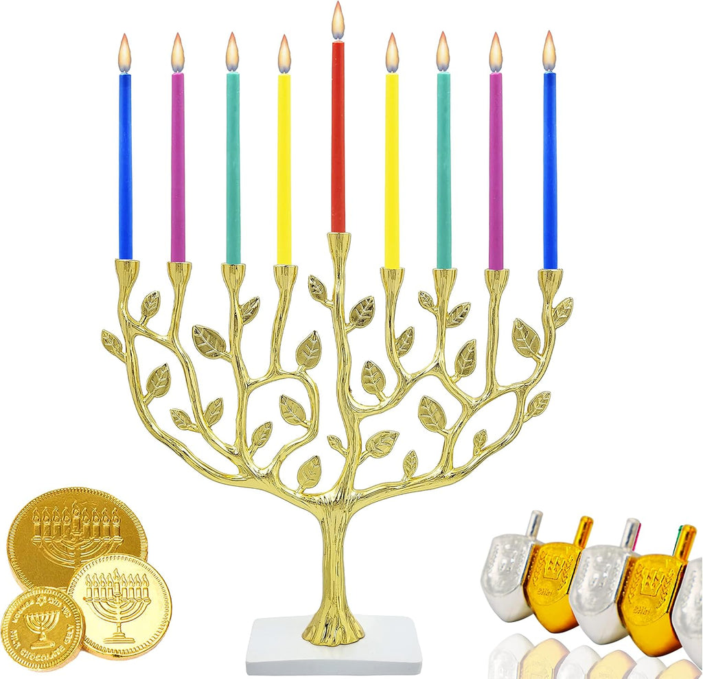 Large Gold Hanukkah Menorah Tree of Life with Stone Base 11 Imces Long