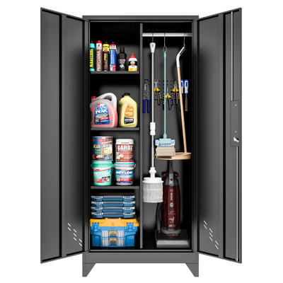 Metal Garage Storage Cabinets with Lock, Cabinet with Pegboard & Hanging Rod, Broom Closet Storage Cabinets, Black
