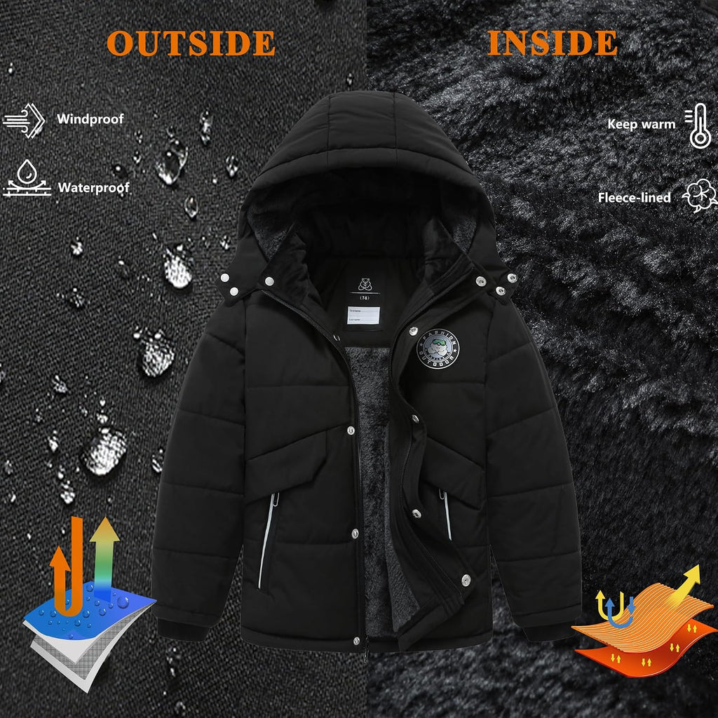 Boy's Waterproof Winter Jacket Warm Puffer Coat Fleece-Lined Parka | Insulated Outerwear Detachable Hood Down Jackets