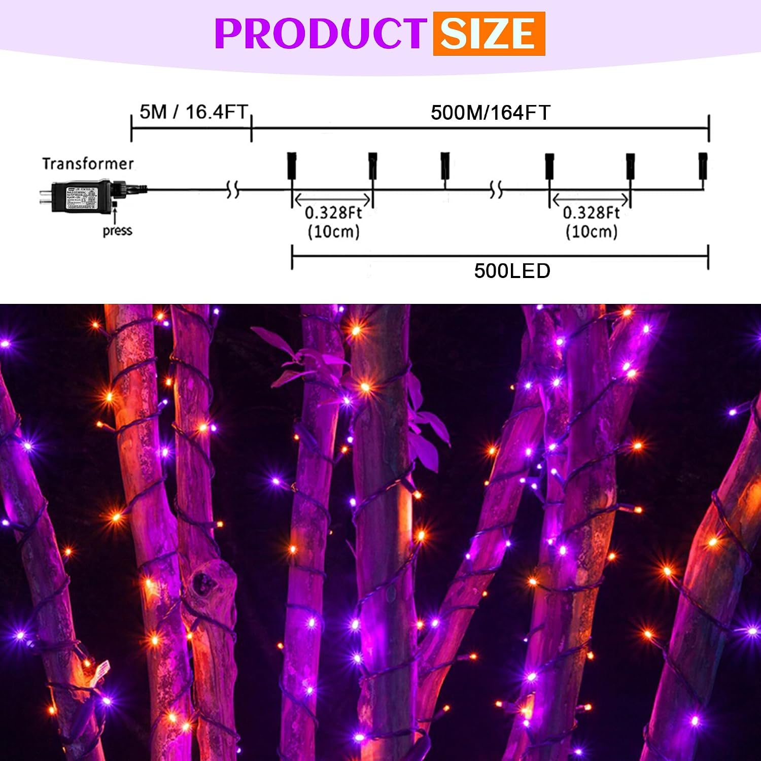 500 LED Halloween Lights Outdoor, 164 FT Fairy Lights with 8 Modes | Purple&Orange, Timer&Memory Function, Plug in