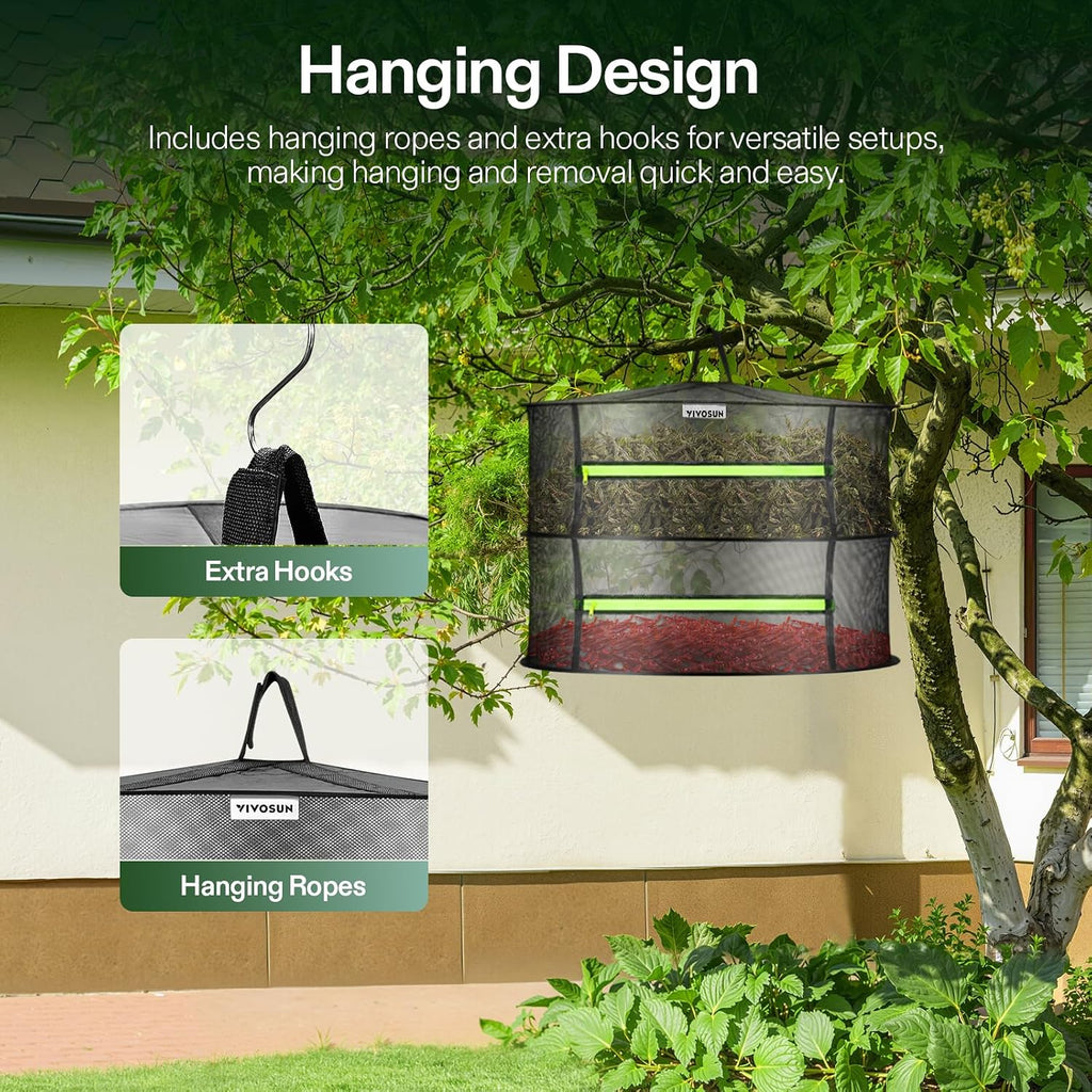 2-Layer Mesh Drying Rack Hanging Design with Green Zippers for Dehydrating, Indoor and Outdoor Pruning Shears Included
