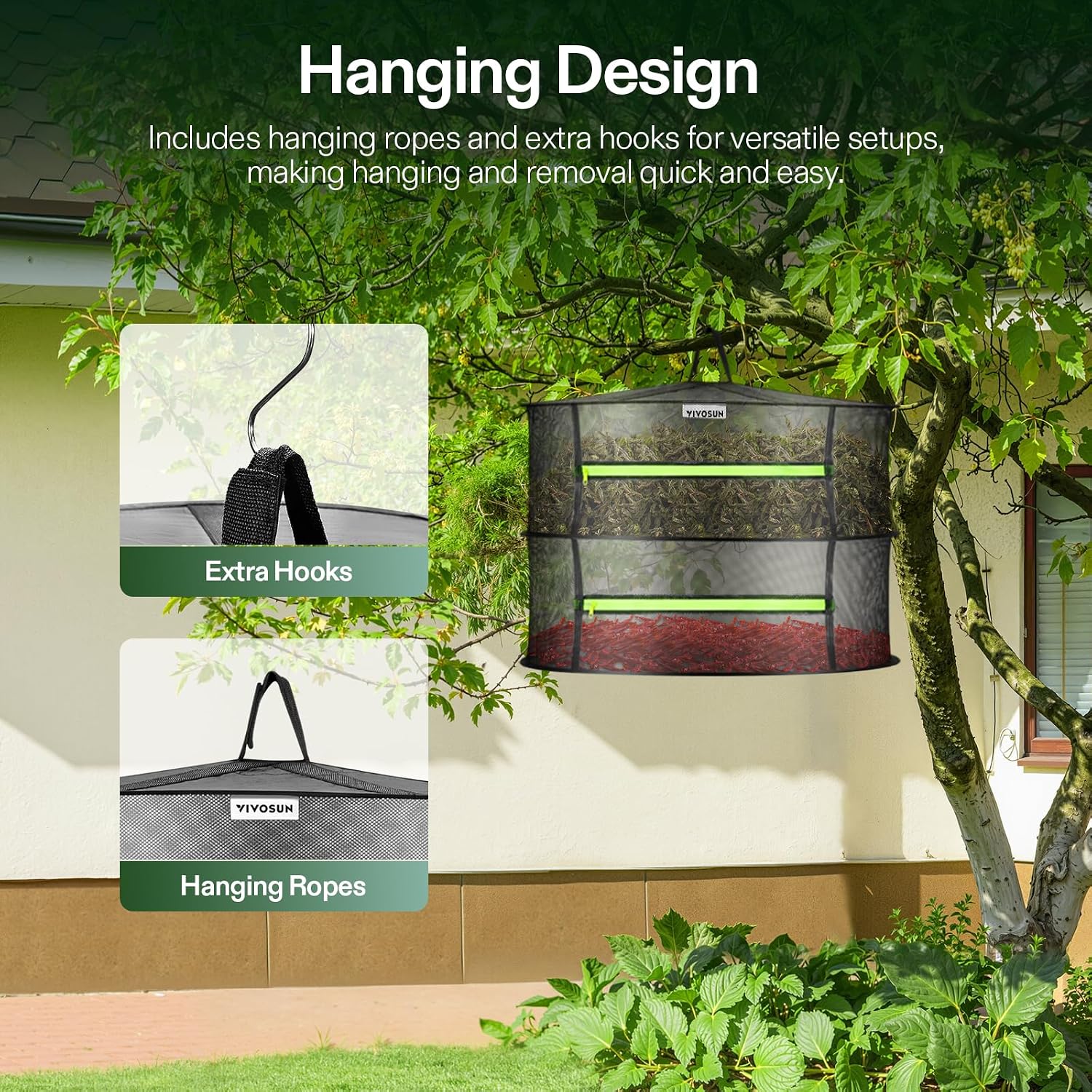 2-Layer Mesh Drying Rack Hanging Design with Green Zippers for Dehydrating, Indoor and Outdoor Pruning Shears Included