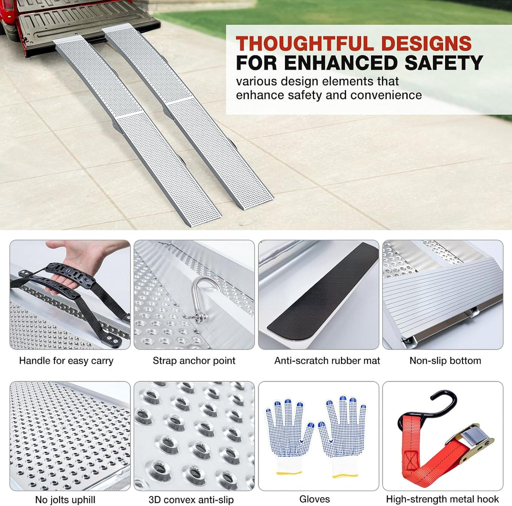 Aluminum Loading Ramps, 1900Lbs Capacity, 7.5ft Trunk Ramps for Pickup Trucks, Trailers Ramp with Load Straps for
