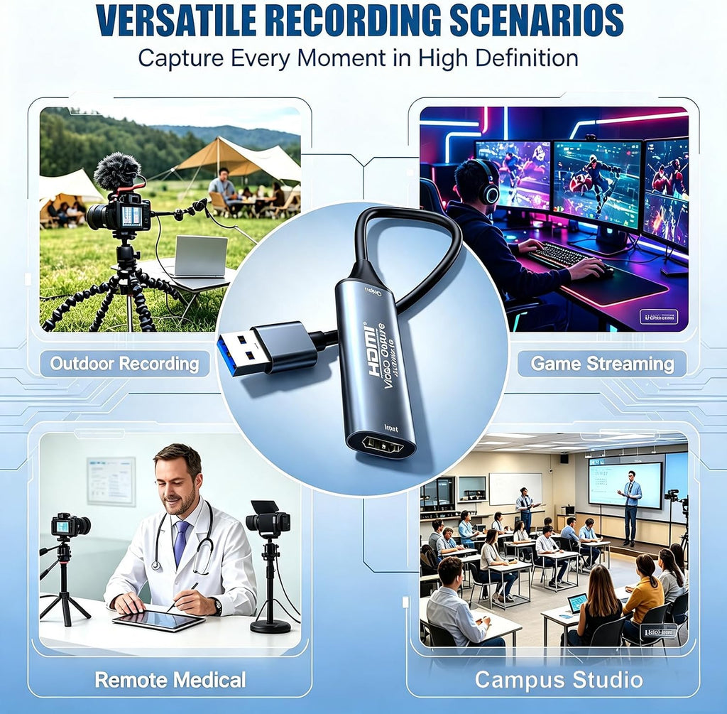 4K 30FPS HDMI Video Capture Card, HDMI to USB 3.0 Cam Link Game Audio Adapter, Low‑Latency Driver‑Free 1080P@60Hz