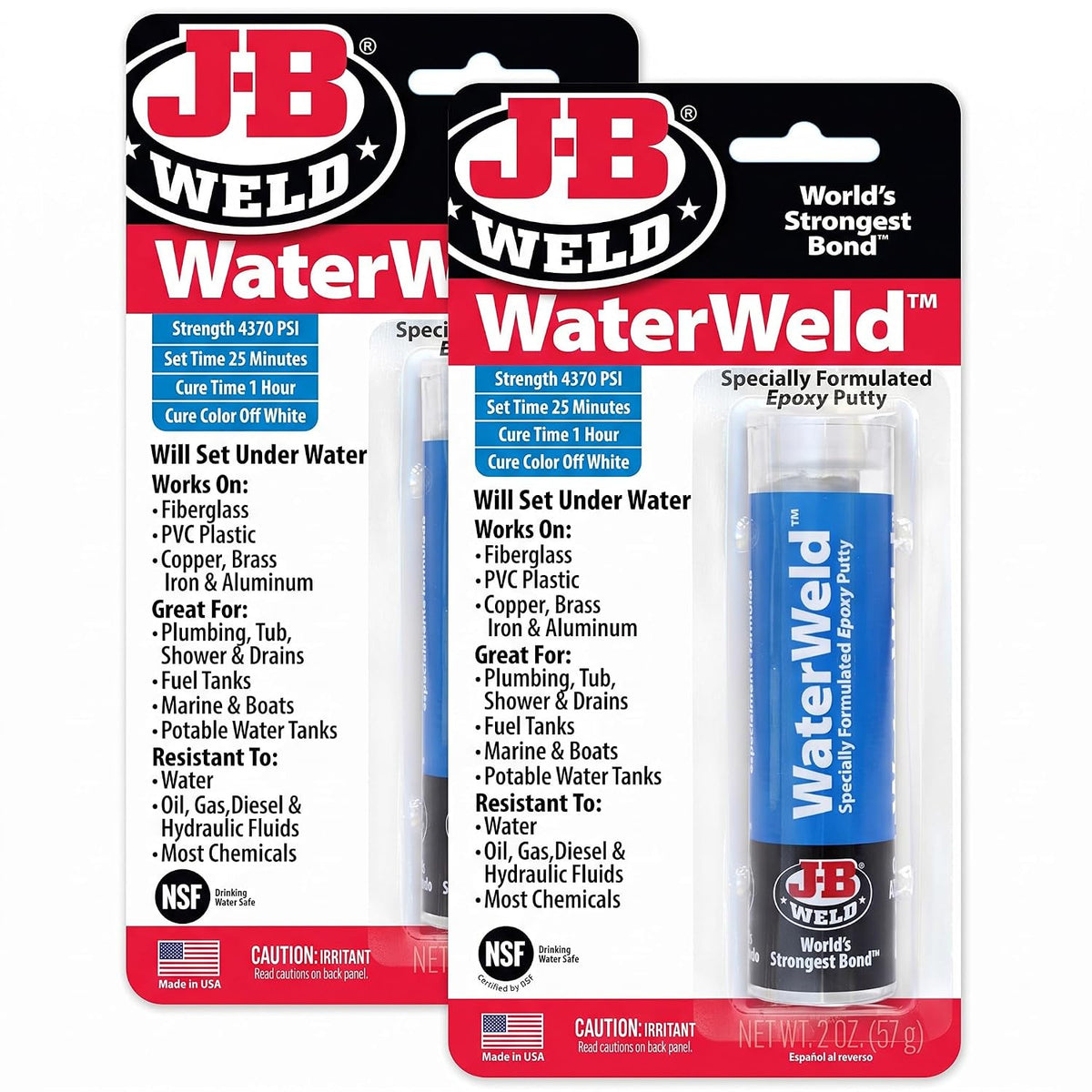 J-B Weld 8277 WaterWeld Epoxy Putty Stick - 2 oz. (Pack of 2)