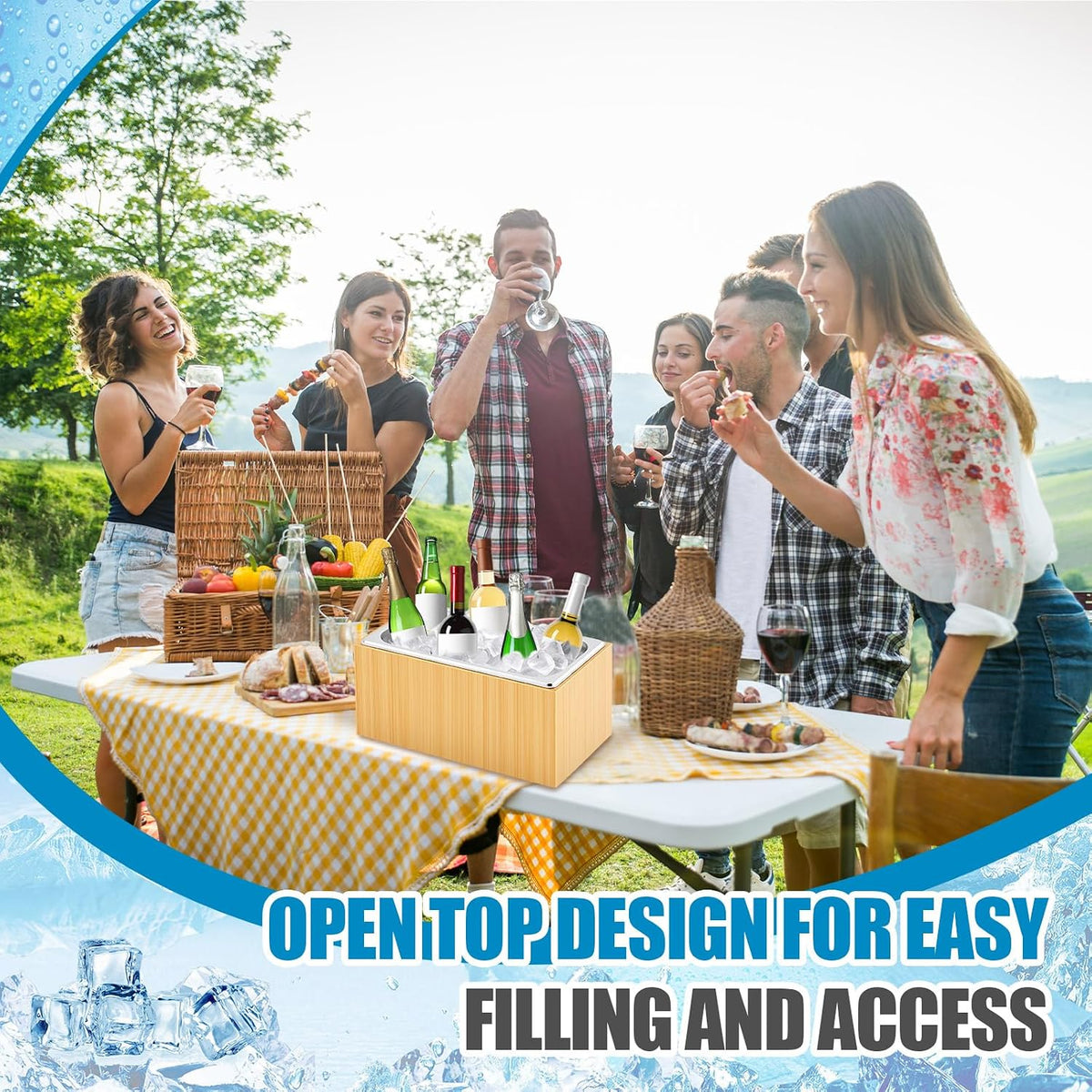 Medium Bamboo Ice Bin with Removable Steel Tray for Party Buffet Drinks