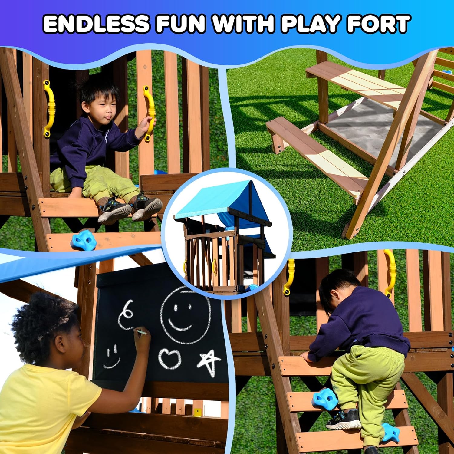 Rosemont Cedar Wooden Swing Set with 8' Slide, 2 Adjustable Swings, Trapeze, Play Fort with Rock Climber, Sandbox