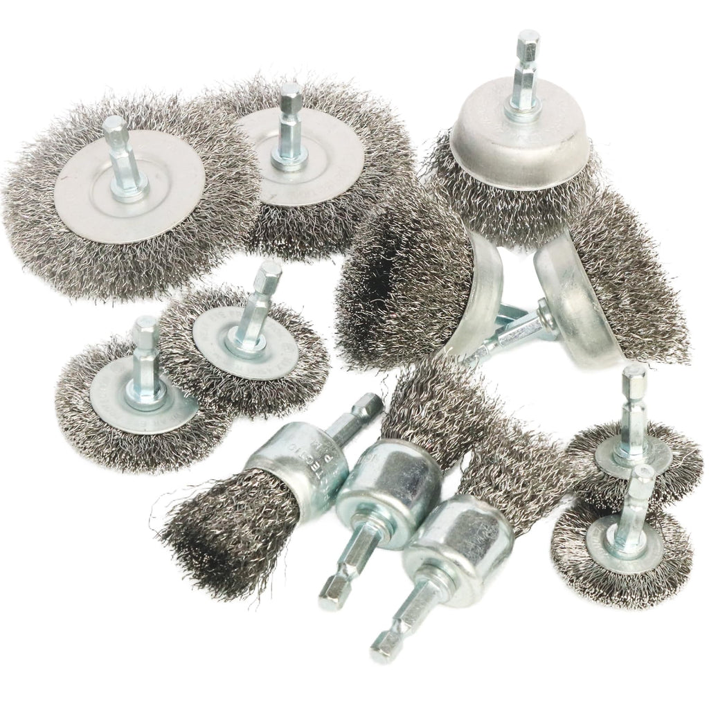FPPO 12 Pack Carbon Steel Wire Wheel, Cup, Pen Brush Set with 1/4-Inch Hex Shank for Rust Removal, Corrosion and Scrub Surfaces