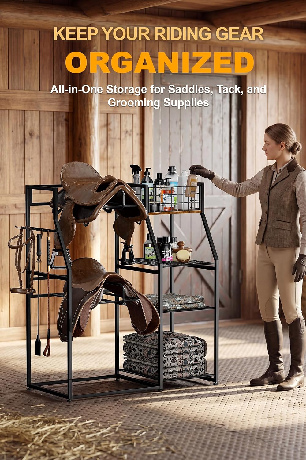 Saddle Rack with Storage, Heavy Duty Stand for Western & English Saddles