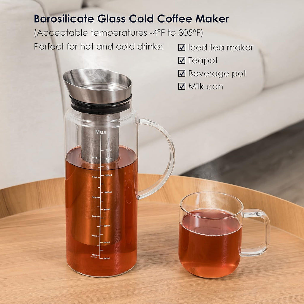 51oz Cold Brew Coffee Maker, Borosilicate Glass Pitcher for Iced Tea | Dishwasher Safe, Family Size, Up to 2 Weeks