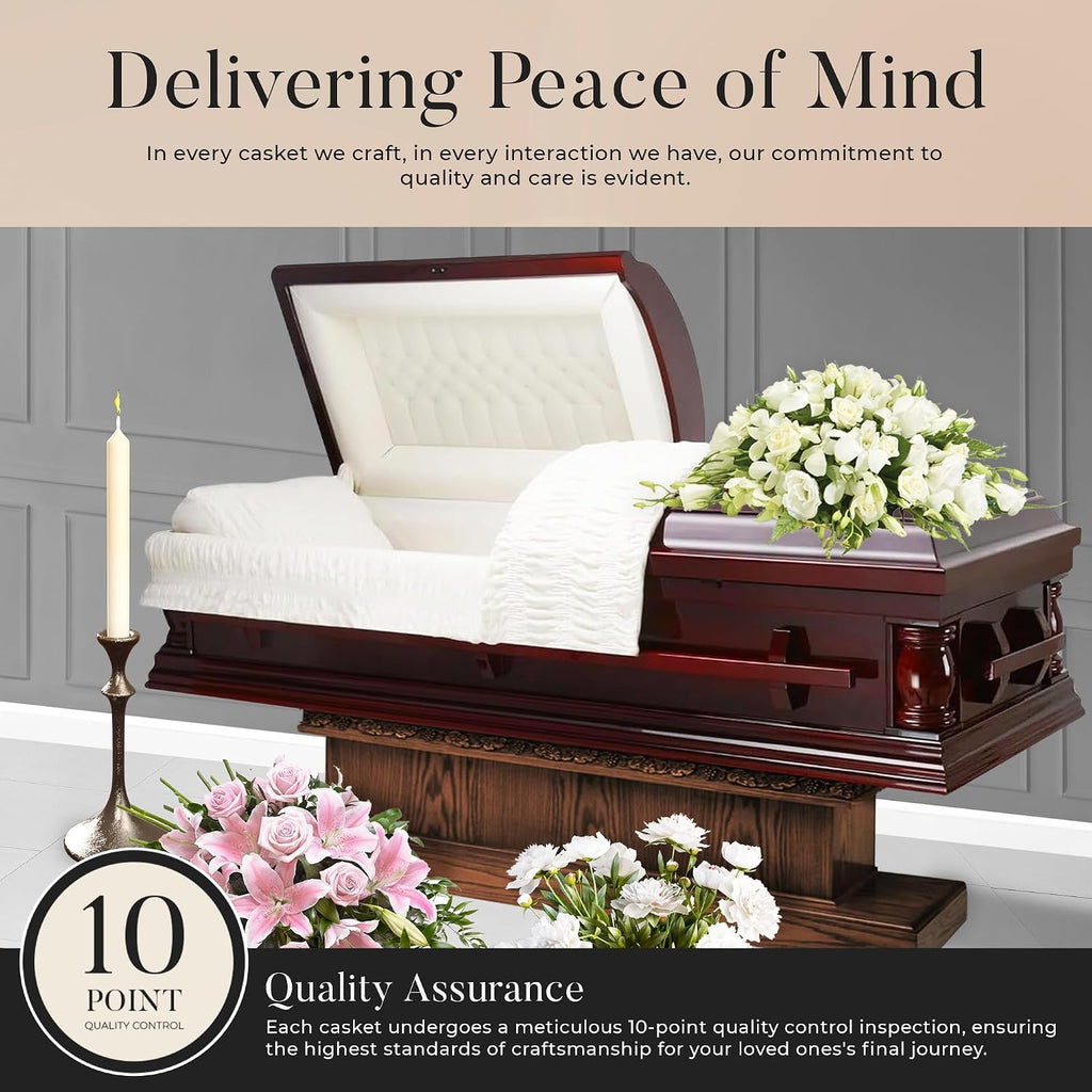 Elite Cherry Wood Funeral Casket w/Almond Velvet Interior