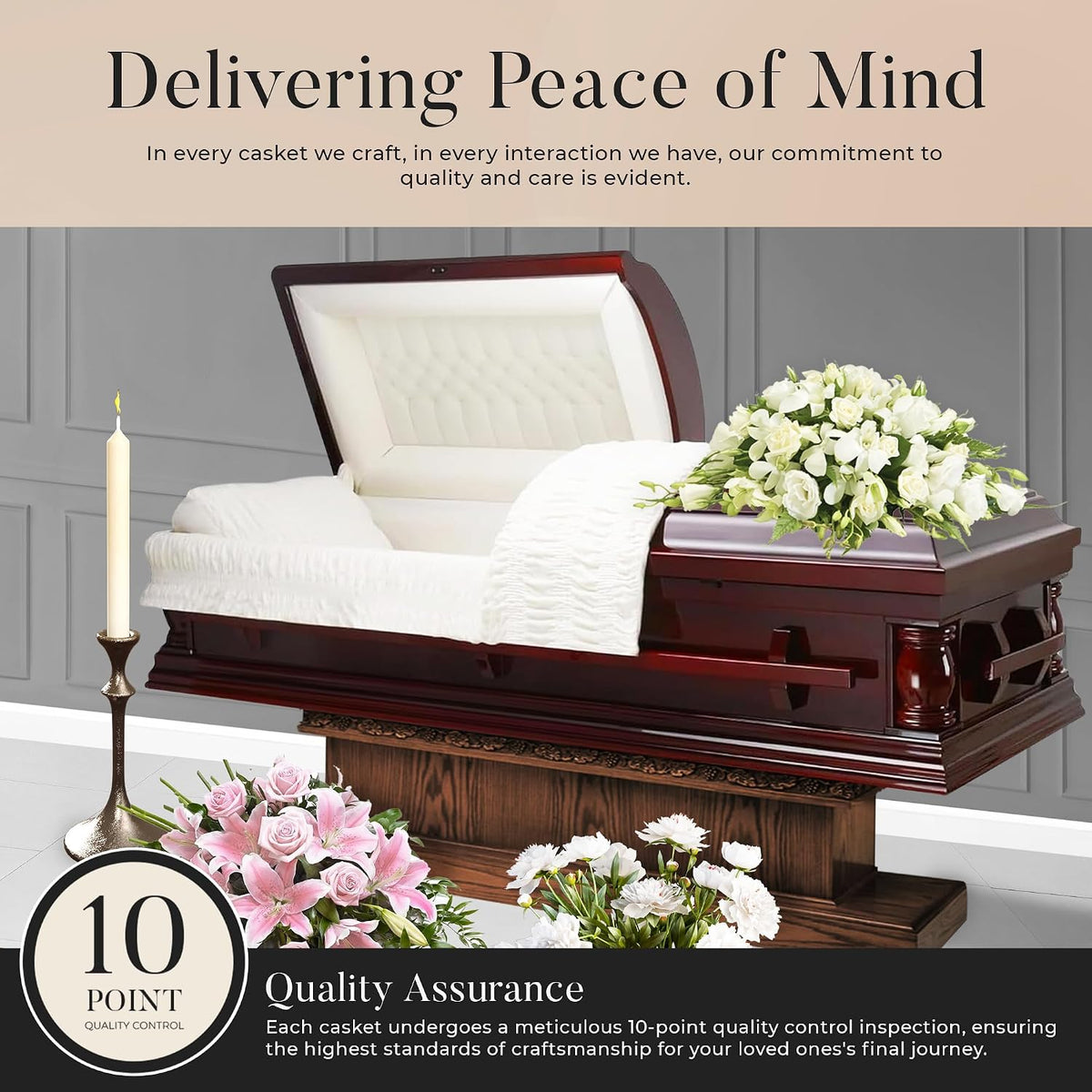 Elite Cherry Wood Funeral Casket w/Almond Velvet Interior