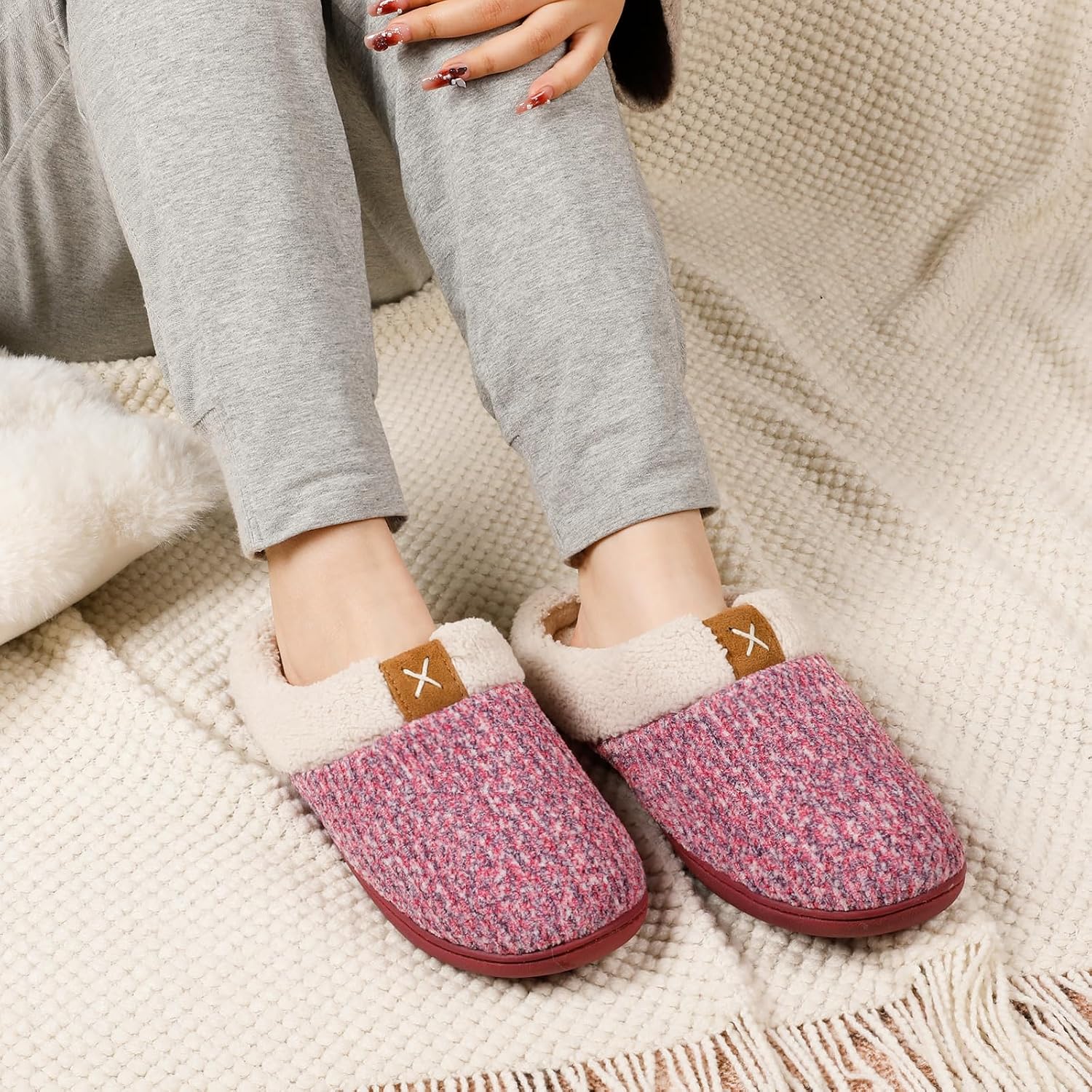 Women's Indoor Bedroom Slipper with Memory Foam, Gift for Women, Wool-Like House Shoe with Anti-Skid Rubber Sole for