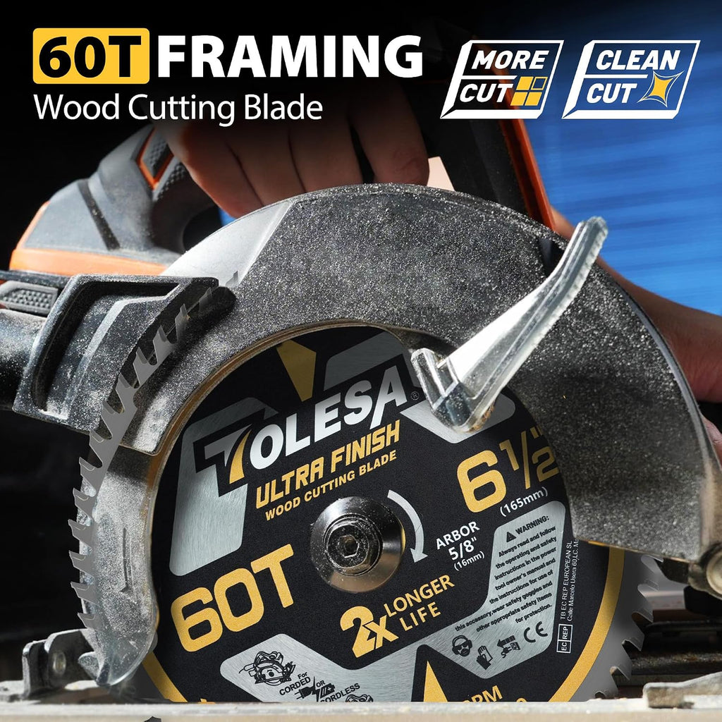 6 1/2 Circular Saw Blades, 60T for Wood and Plywood, 3-Pack | Tungsten Carbide Teeth, Super Thin Kerf, ATB Design