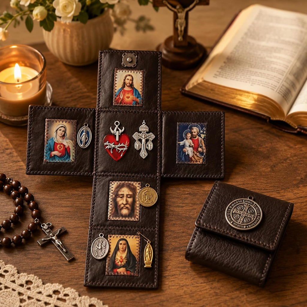 Hand Sewn Leather Catholic Pocket Shrine, Portable Folding Personal Travel Altar with Jesus Sacred Art & Metal
