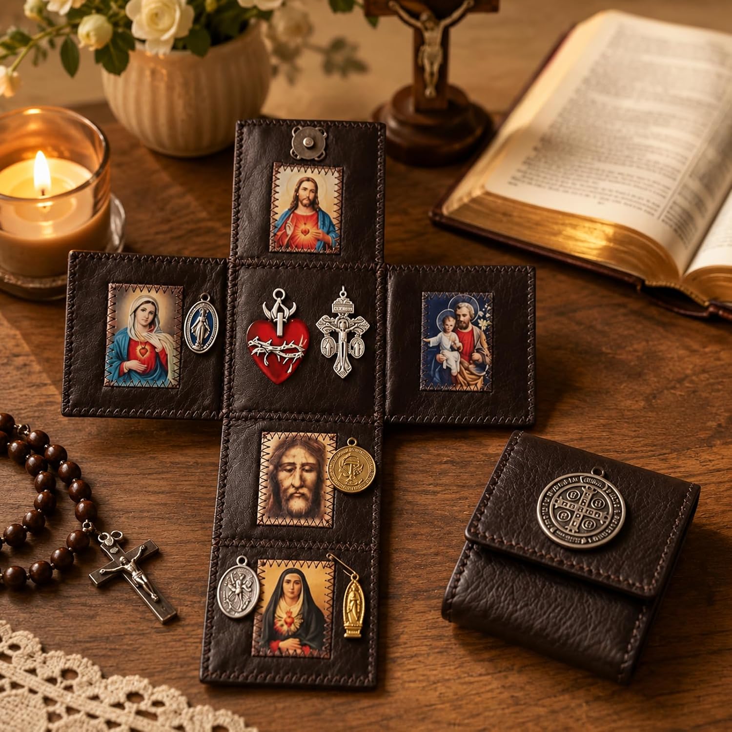 Hand Sewn Leather Catholic Pocket Shrine, Portable Folding Personal Travel Altar with Jesus Sacred Art & Metal