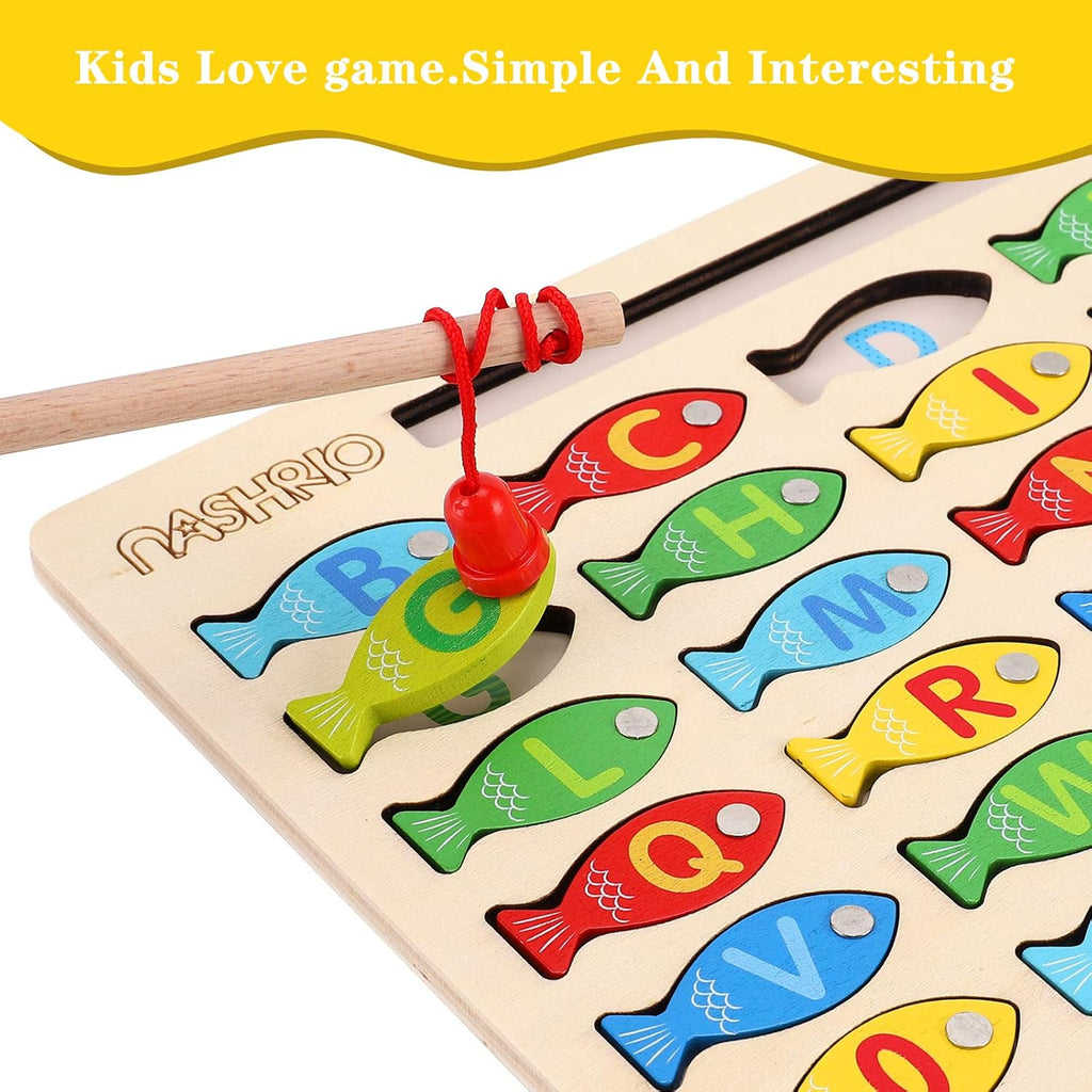 Magnetic Wooden Fishing Game Toy for Preschoolers, Alphabet Fish Catching Counting Games Puzzle with Numbers and