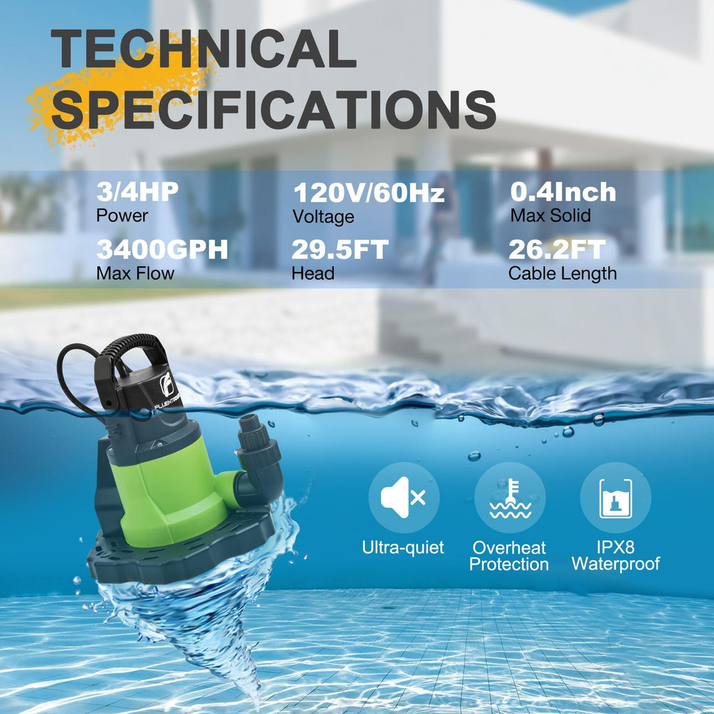 FLUENTPOWER Automatic Pool Cover Pump, 3/4HP 3400GPH, 26.2-ft Cord
