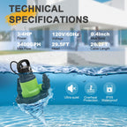 FLUENTPOWER Automatic Pool Cover Pump, 3/4HP 3400GPH, 26.2-ft Cord