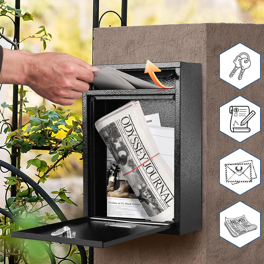 Mailbox for Outside, Wall Mount Locking Mailbox, Security Drop Box with Key Lock for Letters, Cash, Cards, Steel Mail