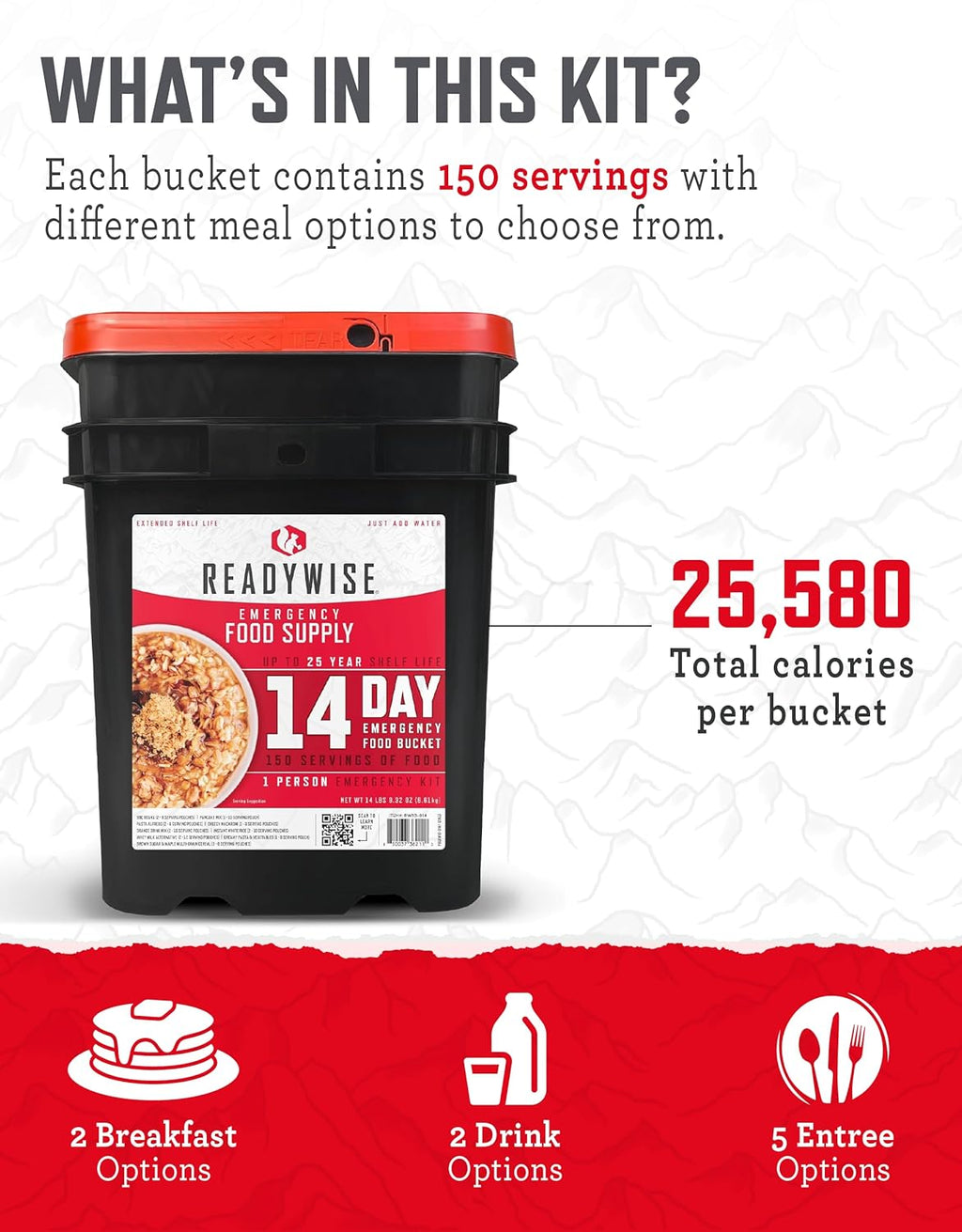 Emergency Food Supply - 14 Day, 150 Servings Emergency Freeze Dried Food Bucket, Protein Meals, Camping Essentials