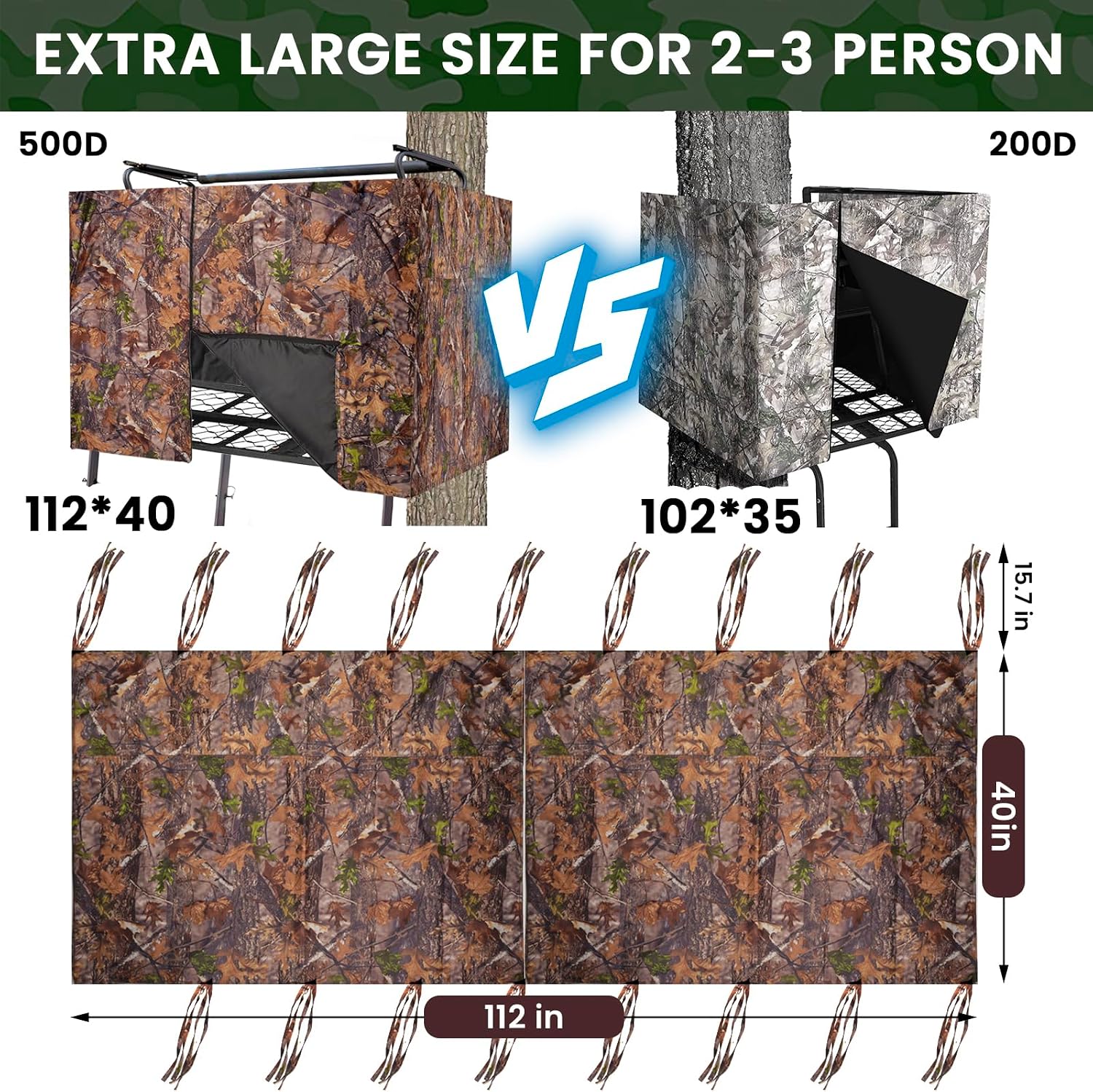 Hunting Tree Stand Blind Cover - 110"x40" Big 2-3 Person Treestand Camo Blind Cover, Universal Camouflage Ground