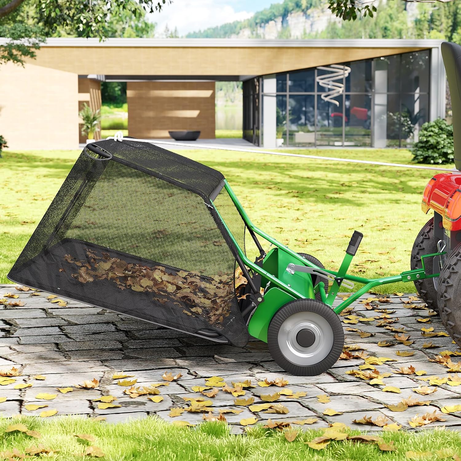 48" Tow Behind Lawn Sweeper, Pull Behind Leaf & Grass Collector for Tractor