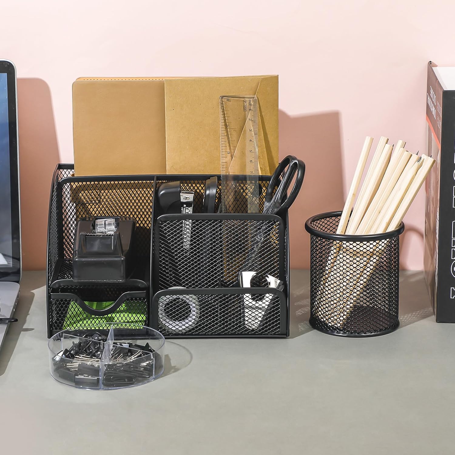 Black Desk Organizer and Accessories, Black Desk Asccessories Office Supply Kit Include Mesh Desktop Organizer
