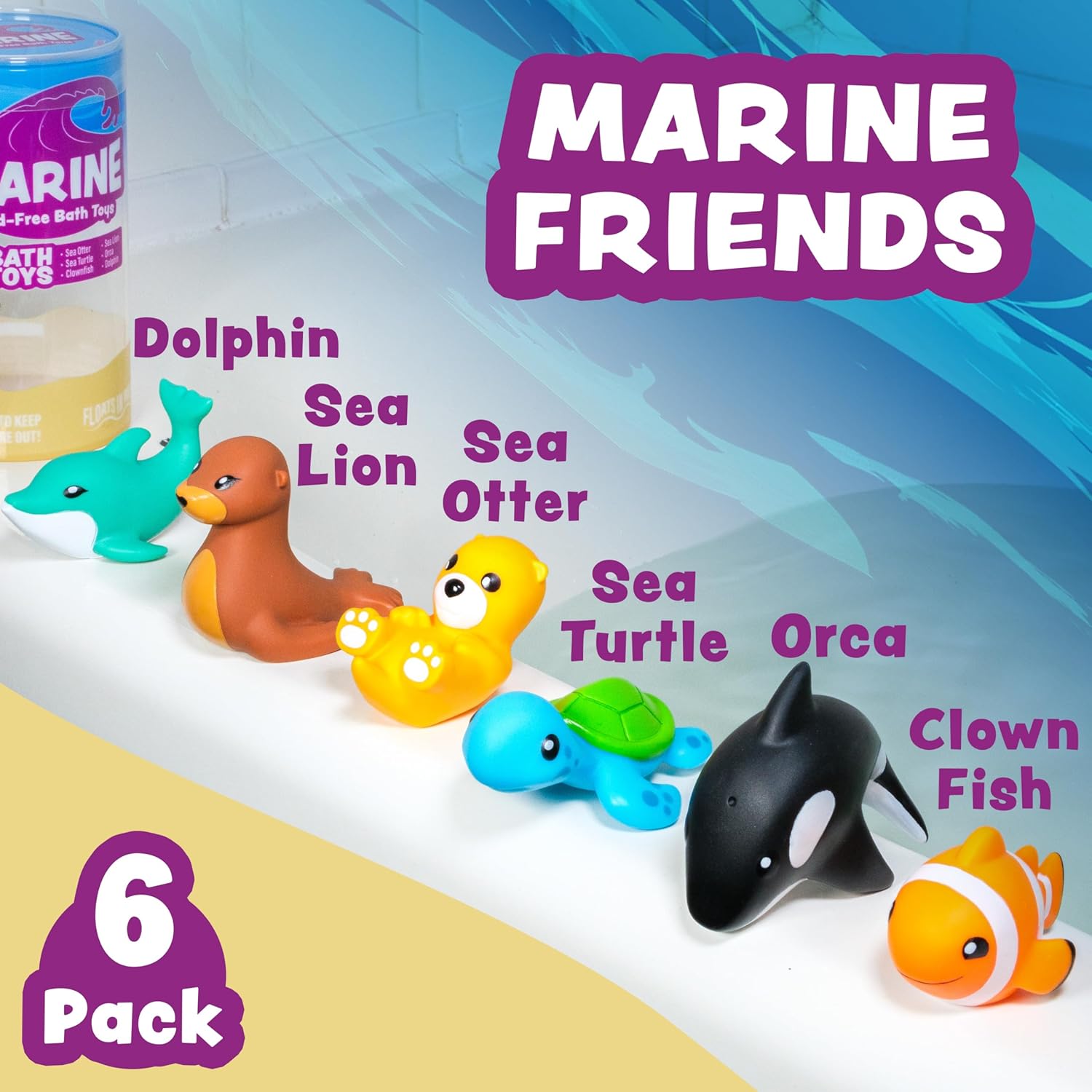 Marine Mold Free Bath Toys, 6 Pack | Sealed, No Hole Bath Toys Design Keeps Moisture Out | Soft, Squeezable & Float