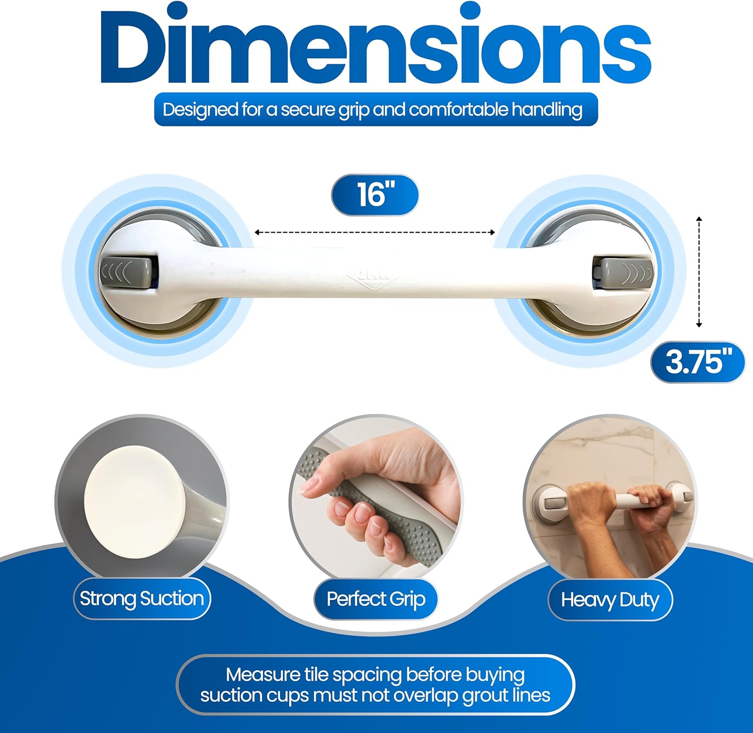 Changing Lifestyles Suction Cup Grab Bars For Bathtubs & Showers; Safety Bathroom Assist Handle, White & Grey, 16 Inches