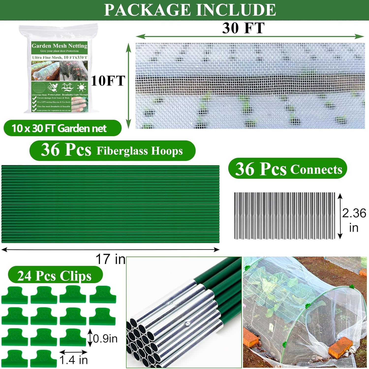 Garden Mesh Netting Kit,10 x 30FT Ultra Fine Netting with 6 Sets Fiberglass Garden Hoops for Raised Beds Vegetable