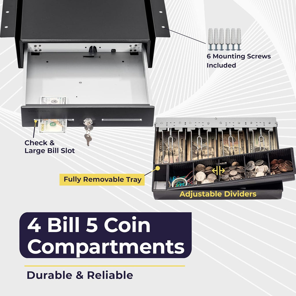 Cash Register Drawer with Under Counter Mounting Metal Bracket, 13" Black Cash Drawer for POS, 4 Bill 5 Coin Cash