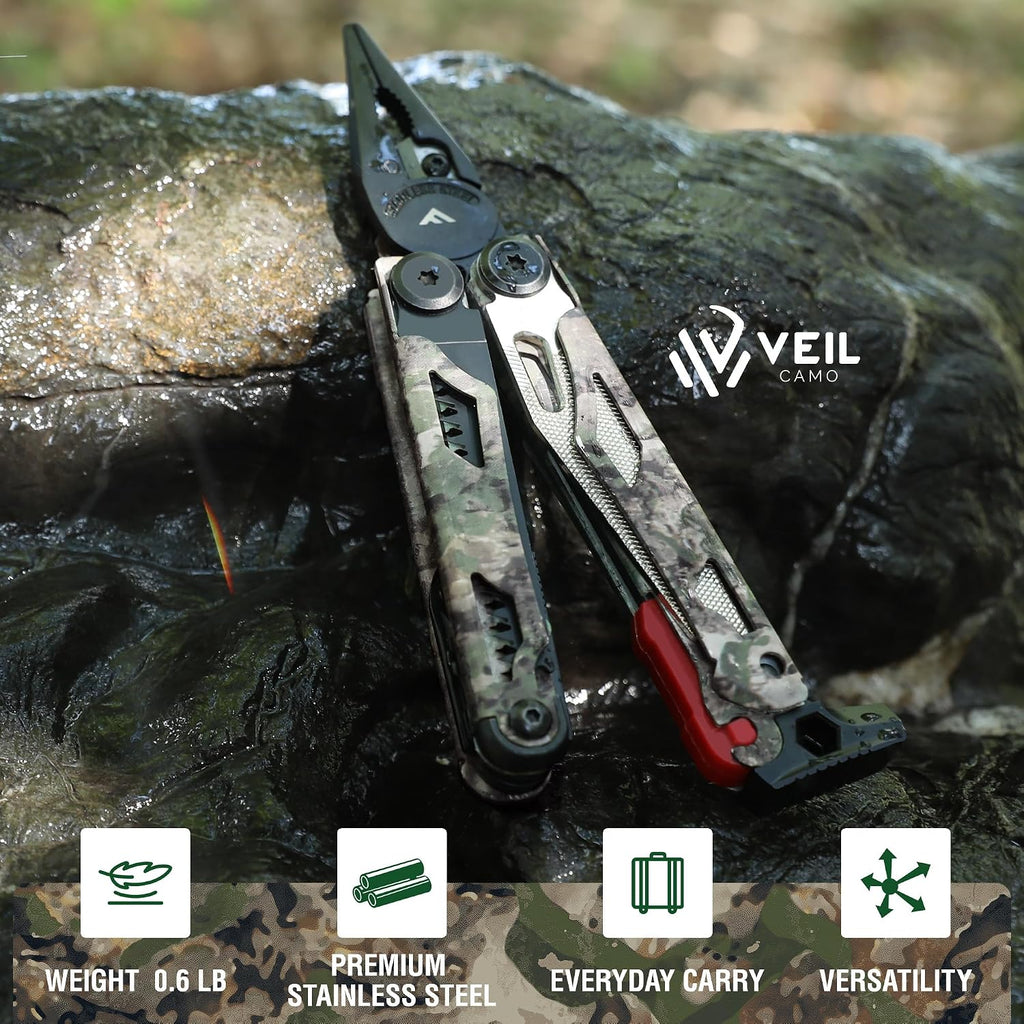 18-in-1 Camo EDC Multitool Pliers Fire Starter with Sheath | Equipped with Fire Starter, Window Breaker, Whistle