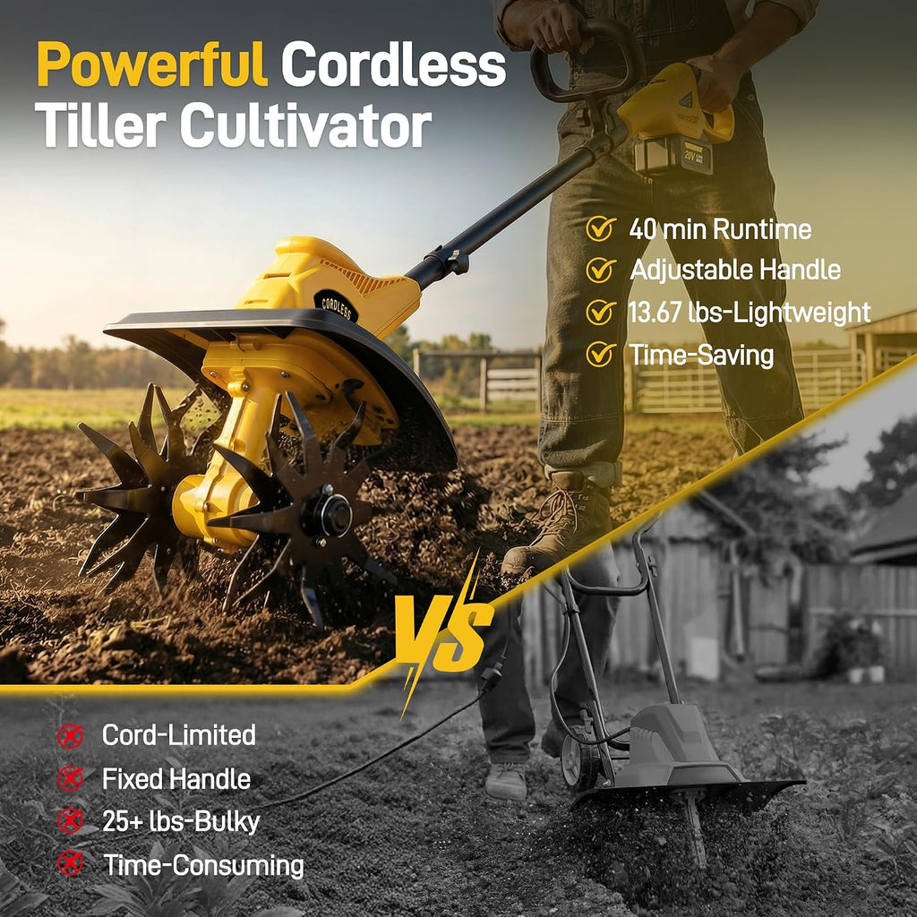 Cordless Tiller Cultivator, 12" Tilling Width, 8" Depth, 2x4.0Ah Batteries | Cordless, 2x4.0Ah Batteries, 40-Min