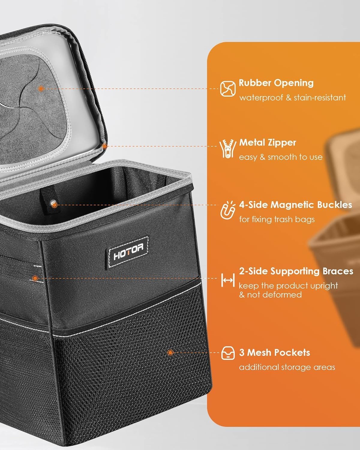 Car Trash Can with Lid and Storage Pockets - 100% Leak-Proof Organizer, Waterproof Garbage Can, Multipurpose Trash