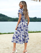 Women's Summer Casual Dress Flutter Short Sleeve V Neck Button Down Tiered Flowy Long Dress with Pockets