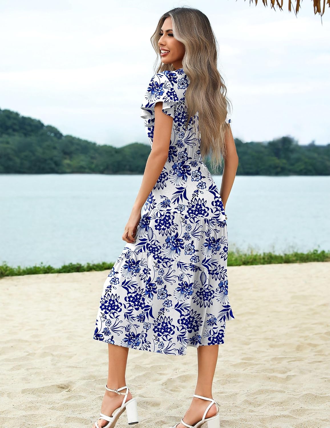Women's Summer Casual Dress Flutter Short Sleeve V Neck Button Down Tiered Flowy Long Dress with Pockets