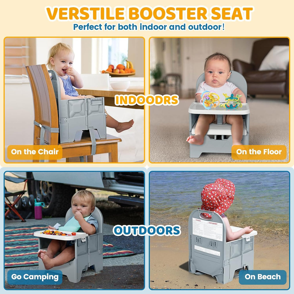 Portable High Chair with Tray, Grey | Foldable Booster Seat, For Travel Toddlers 6-36 Months