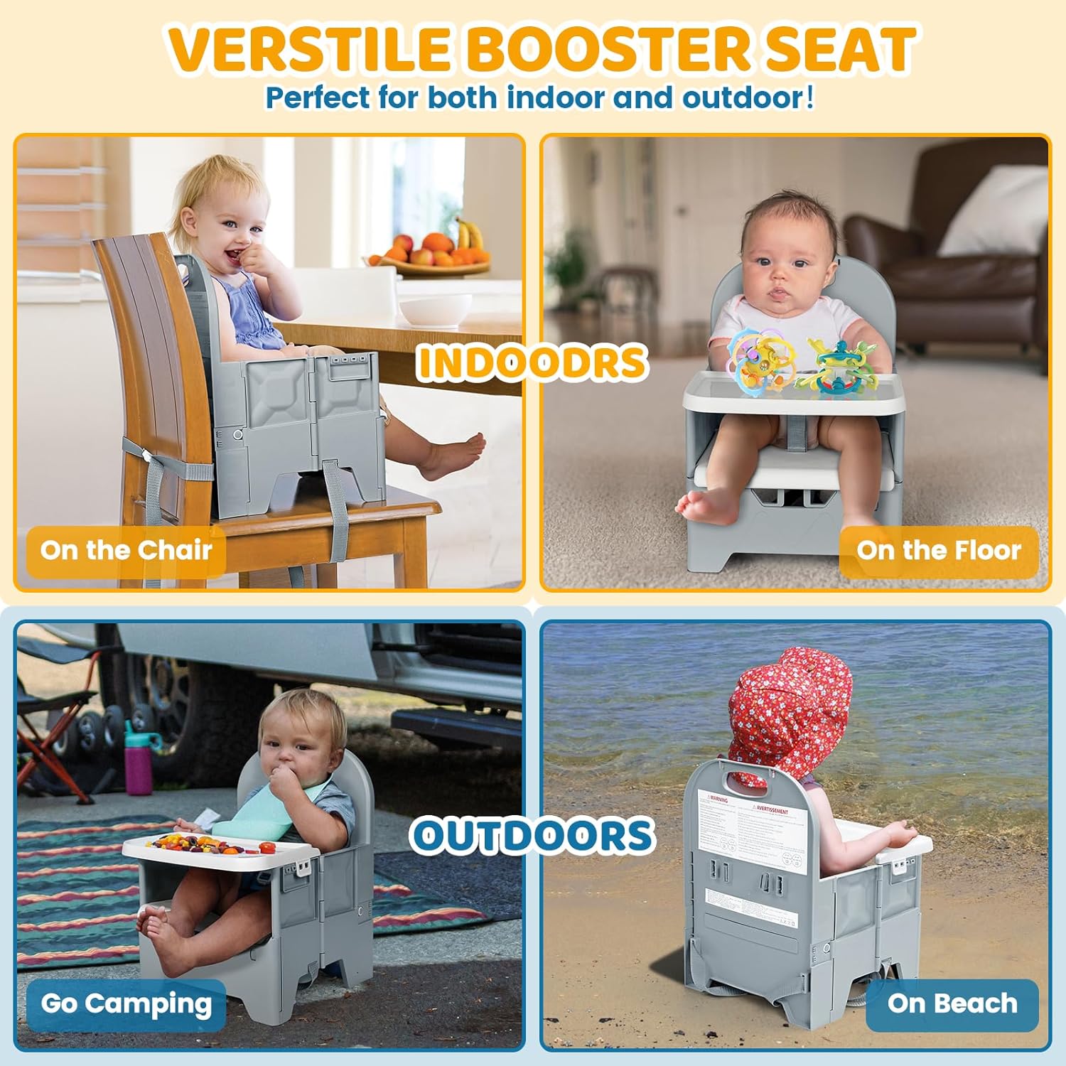 Portable High Chair with Tray, Grey | Foldable Booster Seat, For Travel Toddlers 6-36 Months