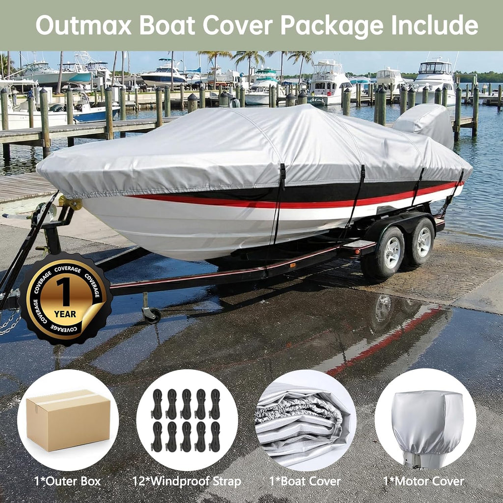 Waterproof 16'-18.5' Boat Cover with Motor Cover, Trailerable Cover | Marine Grade Oxford Fabric, UV & Tear