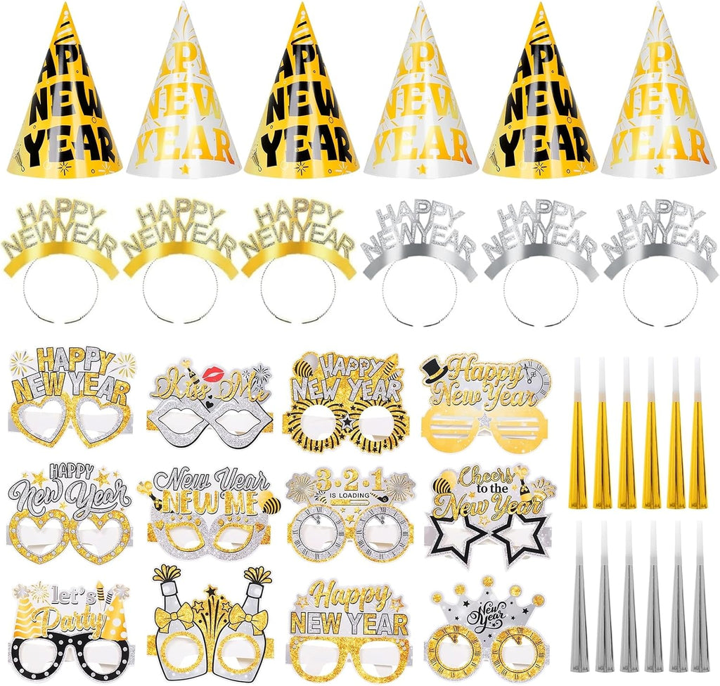 2026 New Year Eve Party Supplies 36pcs Gold Silver Years Eve Decorations Kit - Happy New Year Paper Glasses Headband