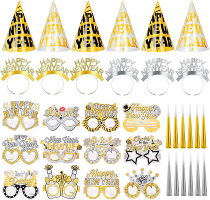 2026 New Year Eve Party Supplies 36pcs Gold Silver Years Eve Decorations Kit - Happy New Year Paper Glasses Headband