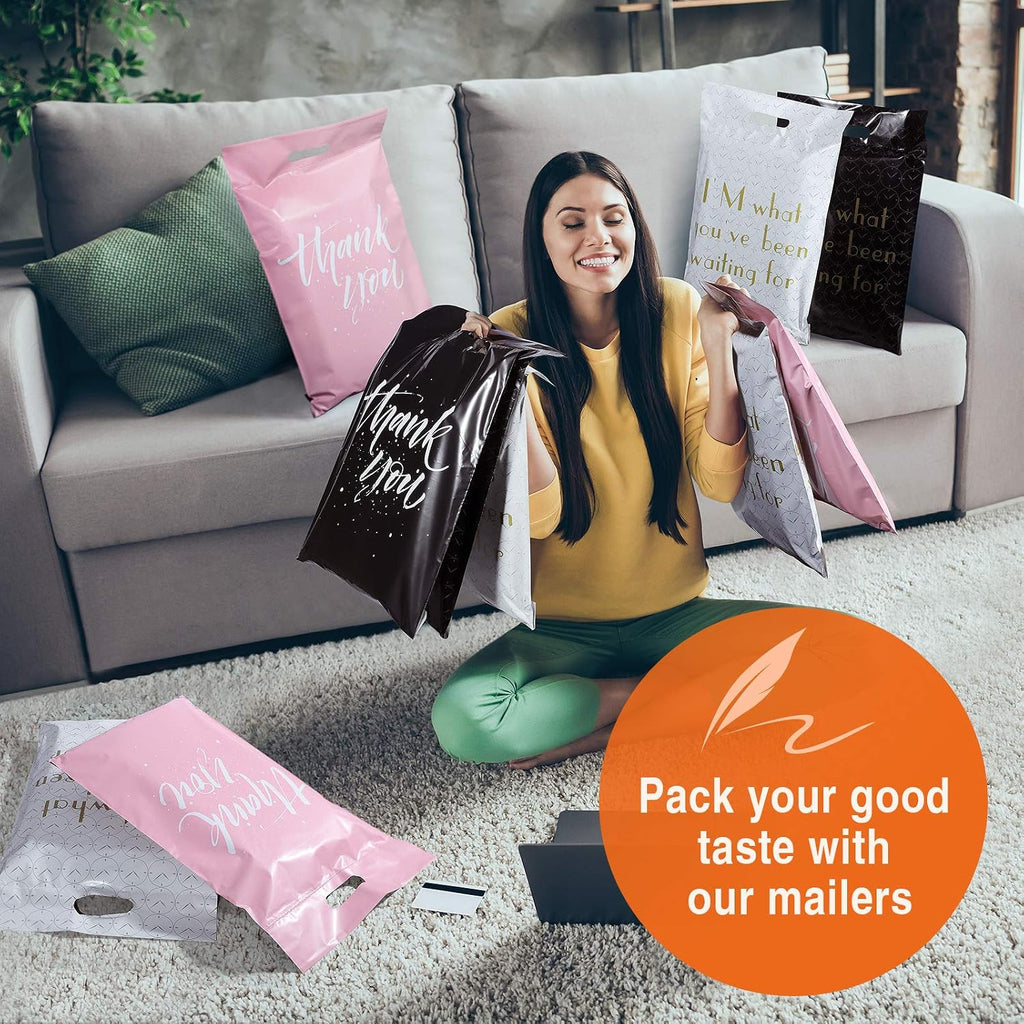 Thank You Poly Mailers with Handle 12x15.5 100 Pcs Easy to Carry | Upgrade Design Shipping Bags Envelopes for Clothes