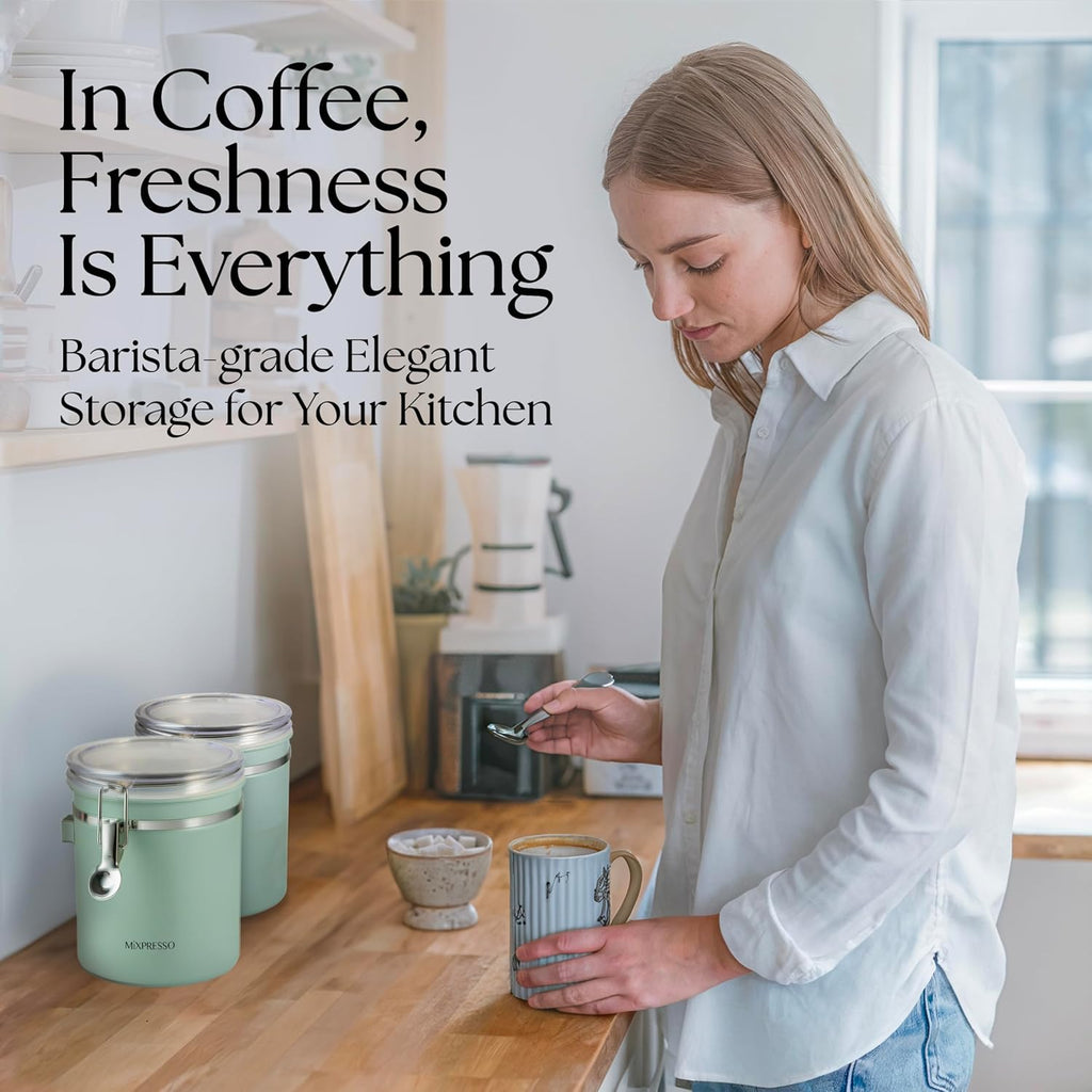 Coffee Canister, Airtight Coffee Bean Storage Container 16oz | Green Stainless steel container with clear lid, CO2