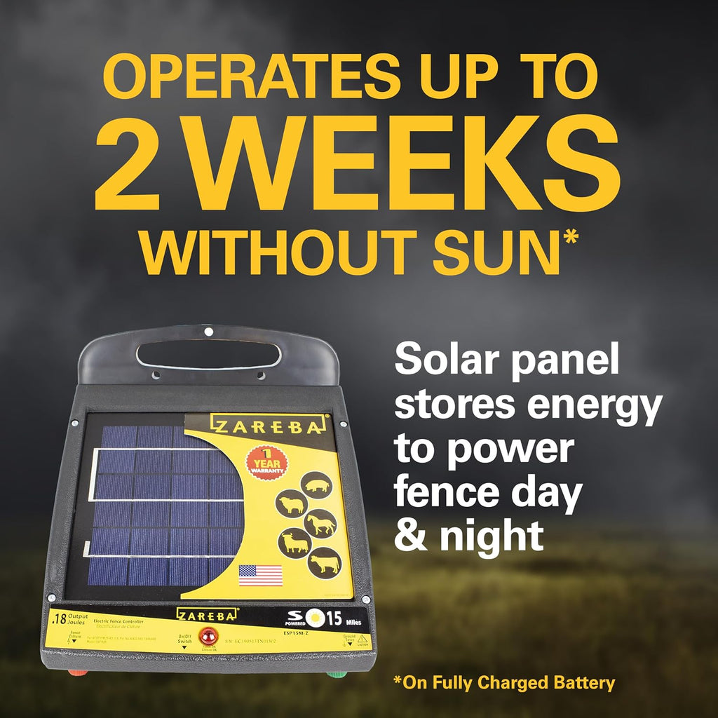 Solar Powered Low Impedance Electric Fence Charger, 15 Mile Solar Powered Electric Fence Energizer, Contain Animals