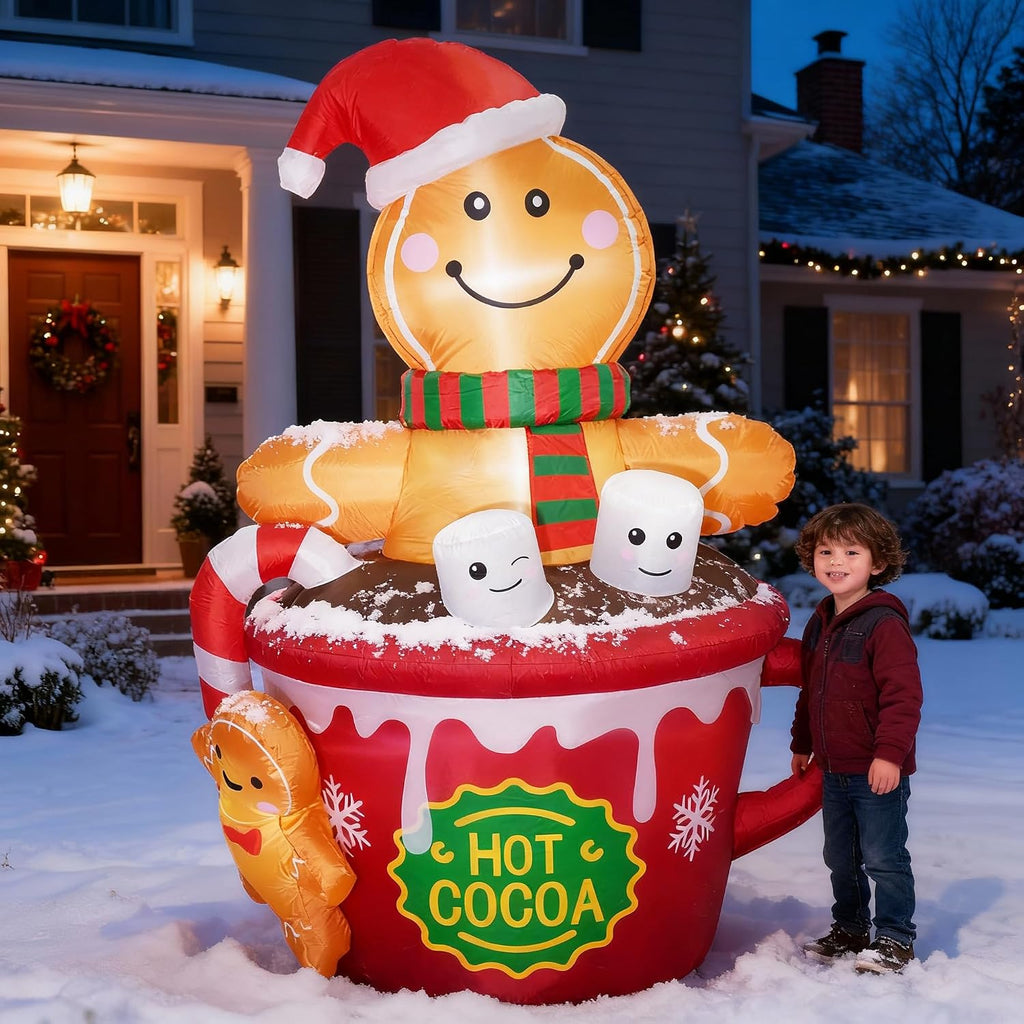 6 FT Christmas Inflatables Outdoor Decorations, Cute Christmas Blow Up Yard Decorations Gingerbread Man in Hot Cocoa