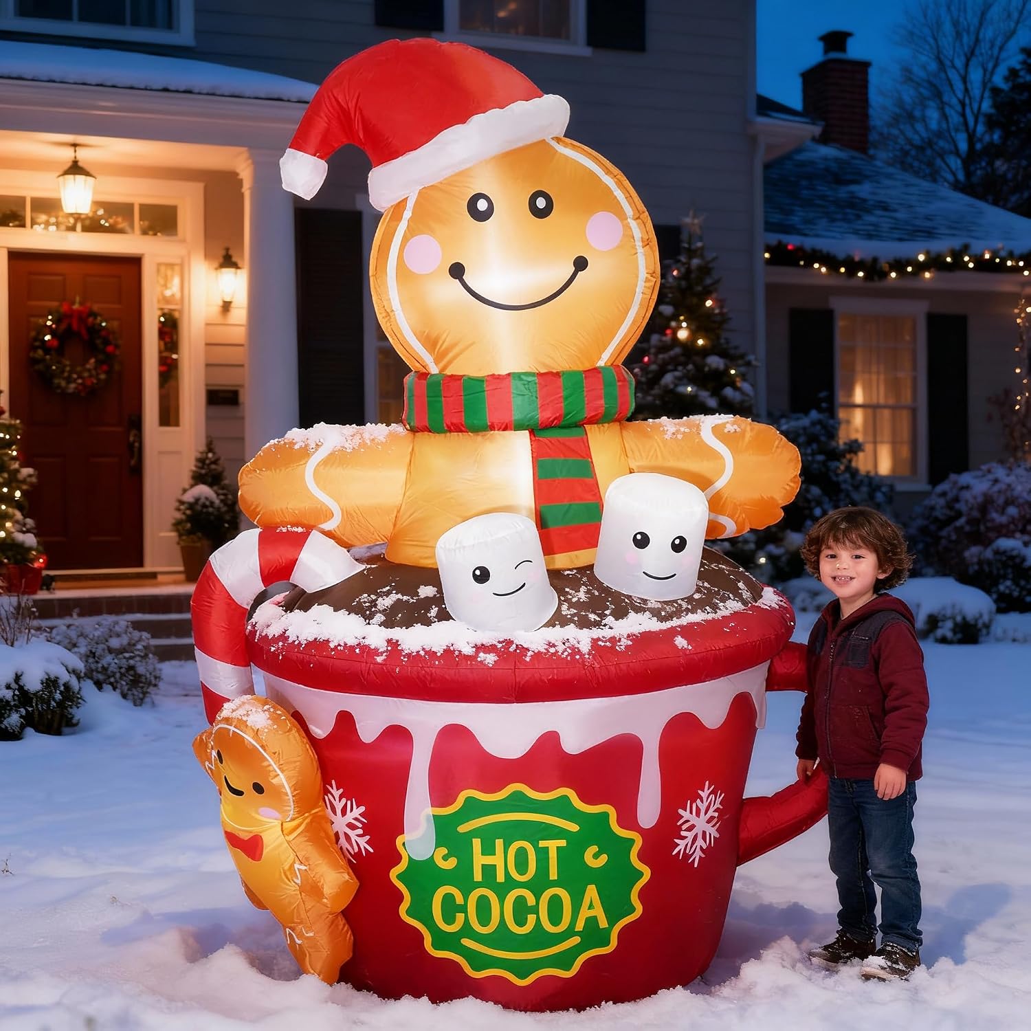 6 FT Christmas Inflatables Outdoor Decorations, Cute Christmas Blow Up Yard Decorations Gingerbread Man in Hot Cocoa